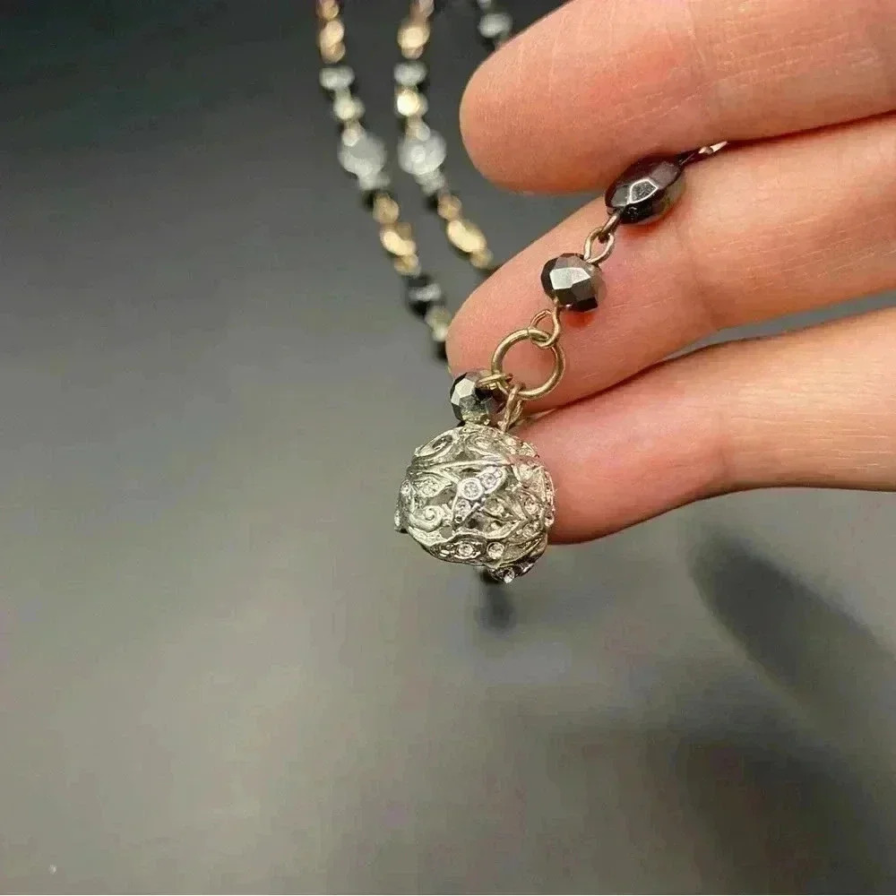 VGT Gold & Silver Black & Crystal Tones Beaded Necklace Silver-tone Bell Pendant - Picture 10 of 11